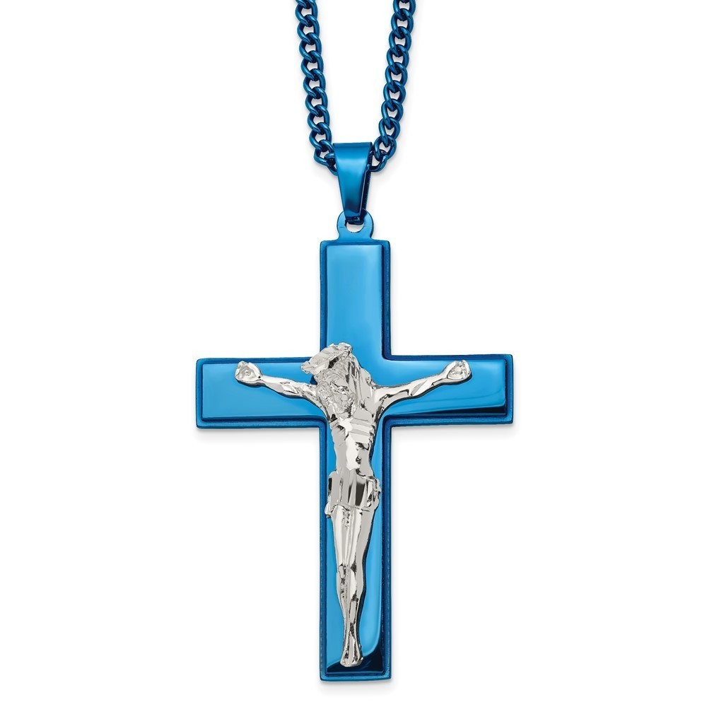 Chisel Stainless Steel Blue IP-plated Crucifix Pendant w 24" Curb Chain Necklace